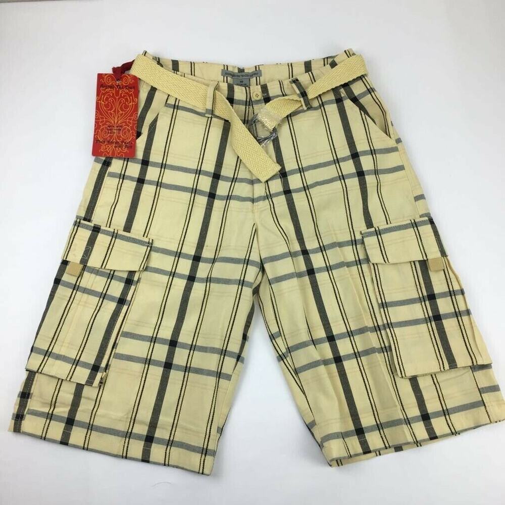 Beyond The Limit Mens Cargo Shorts Yellow Black Plaid Flat Front Belted 30 New